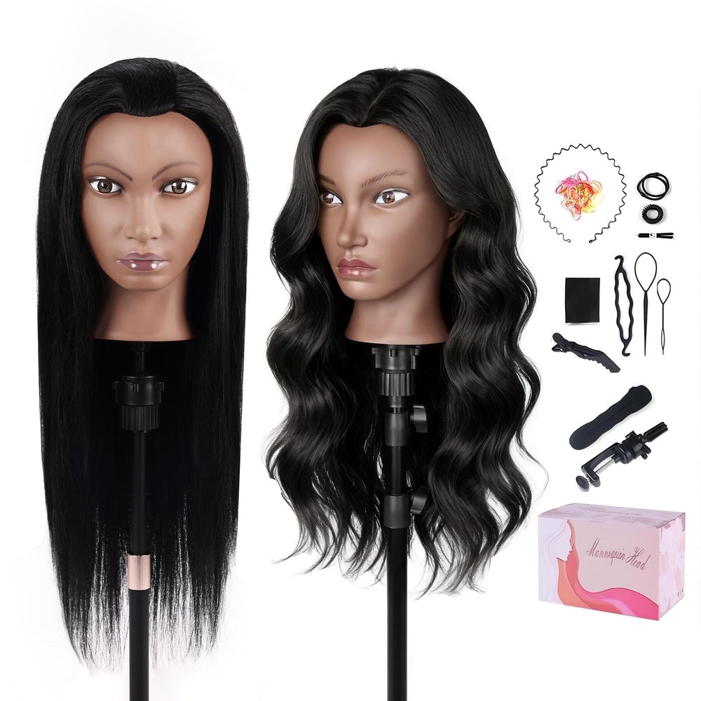 100% Real Hair Mannequin Head,TopDirect 26''Black Hairdresser Cosmetology Doll Head Styling,Manikin Heads Hairs Braiding DIY Styling with Clamp Holder and Tools Set