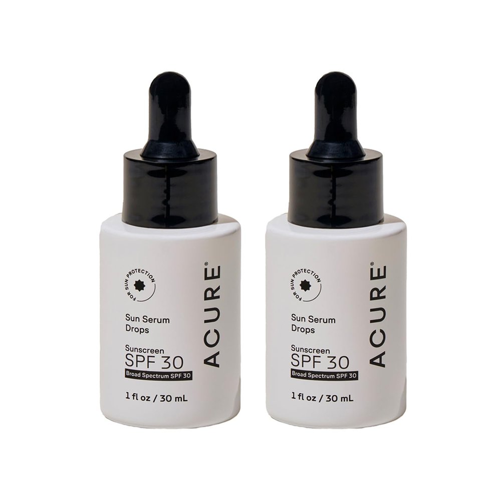 Acure Sun Serum Drops SPF 30 - Hydrating Sunscreen Serum with Broad-Spectrum Protection, Skincare for Beauty Glow, Light & Sheer UV Shield, Use with Makeup, Travel Size - 1 fl oz (2 Pack)
