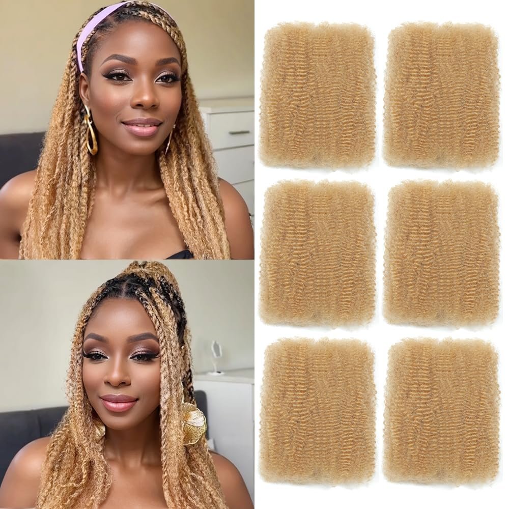 Afro Kinkys Bulk Human Hair 18 Inch Afro Kinky-Curly Human Hair Bulk for Twist Dreadlock Extensions Locs Repair Soft 4C Curly for Braids 6 Bundles 105 Gram Honey Blonde#