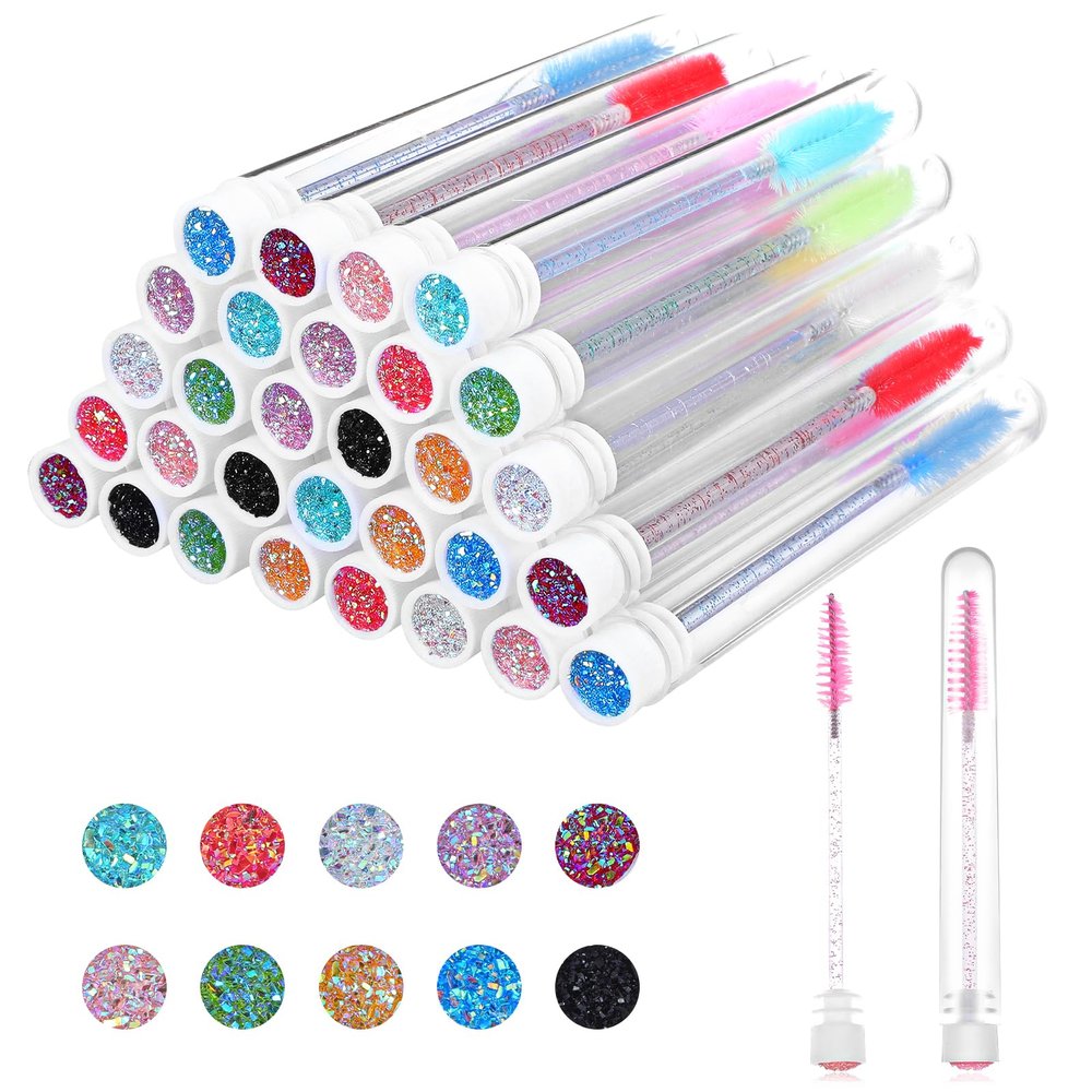 30PCS Reusable Lash Spoolies with Tube,Shiny Diamond Mascara Applicator,Empty Mascara Tubes,Eyelash Brushes for Eyebrow, Eyelashes Extension, Makeup Tool