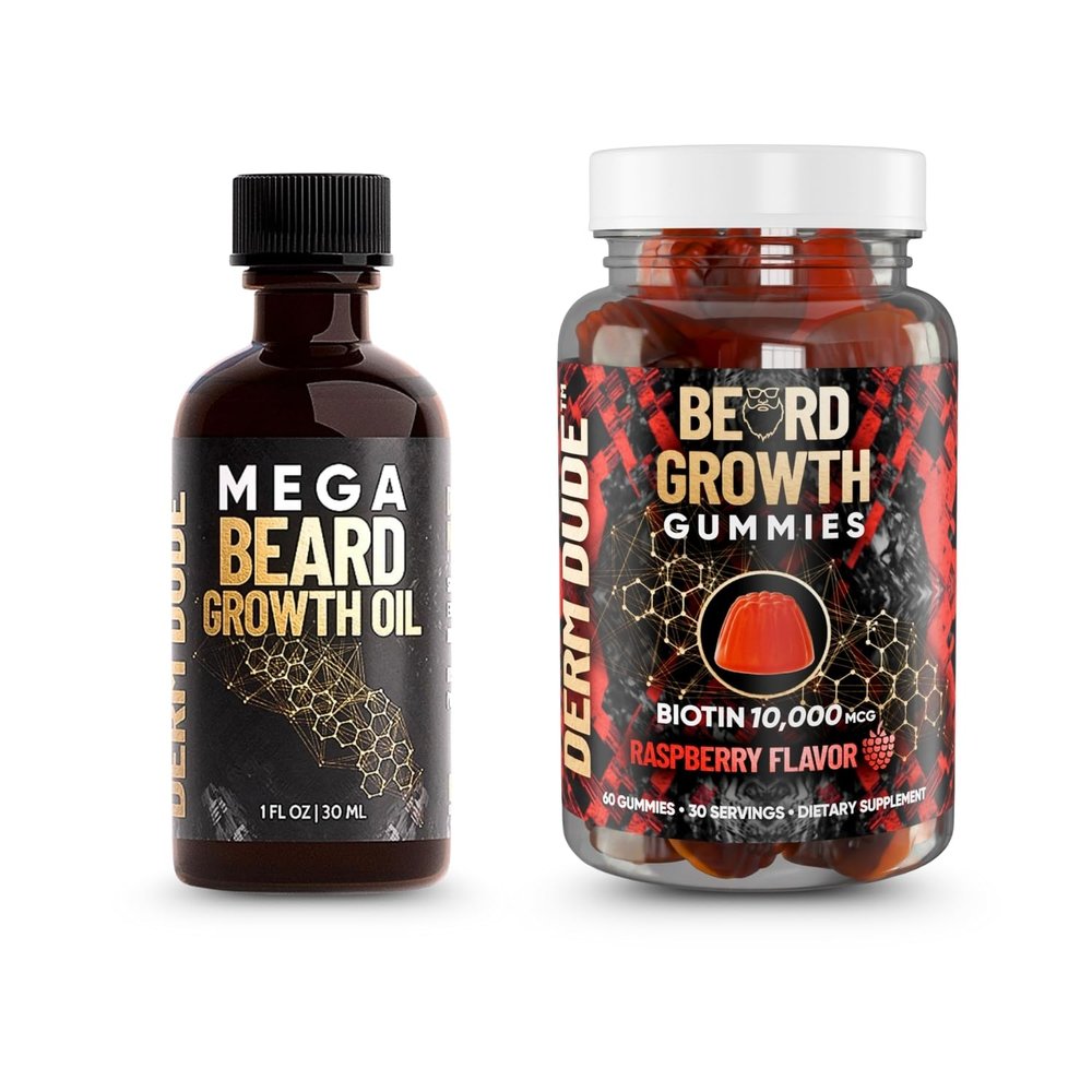 Derm Dude Beard Growth Bundle for Men | Mega Beard Oil + Biotin Gummies | Thicker, Fuller, Softer, Stronger Beard Care
