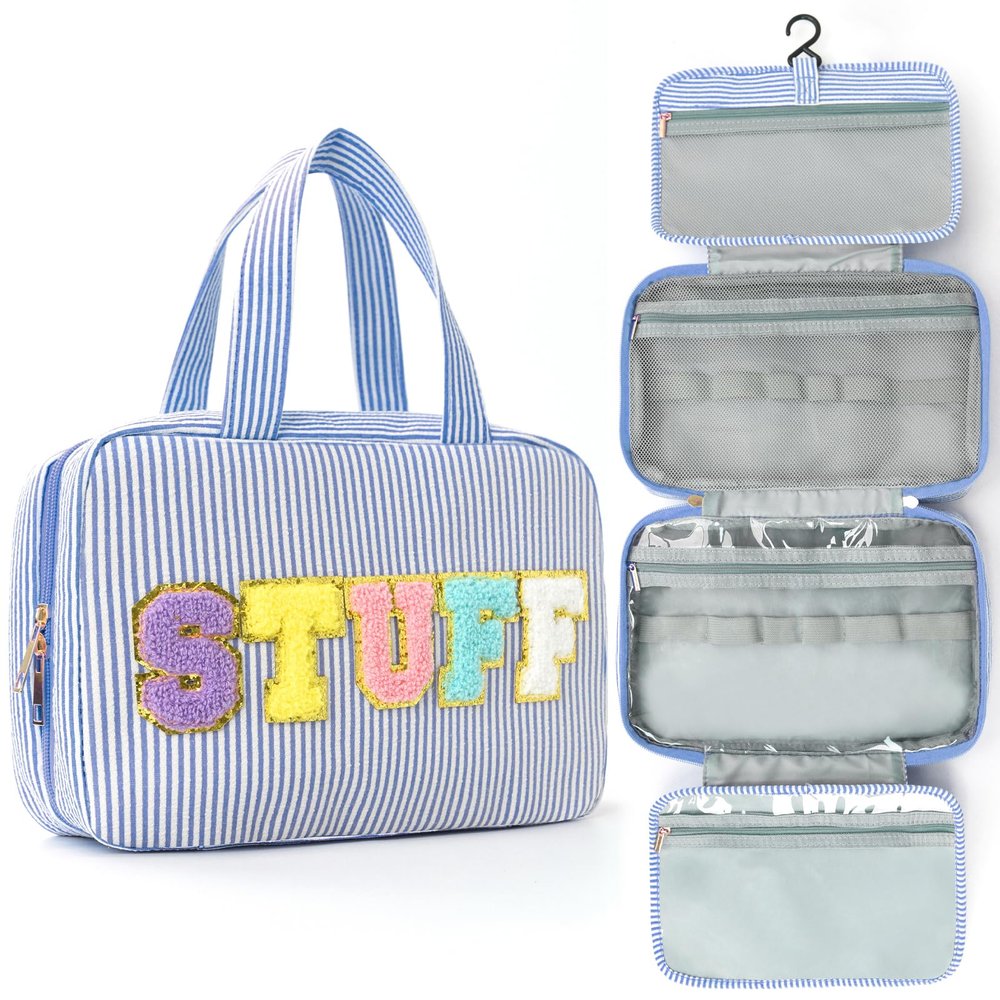 Apxouans Hanging Toiletry Bag for Women Chenille Letter Travel Cosmetic Bag Fashion Stripes Water-resistant Makeup Bag for Store Toiletries Cosmetic Accessories Large Capacity Blue