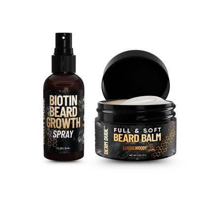 Derm Dude Biotin Beard Growth Spray + Full & Soft Beard Balm Bundle | Thicker, Fuller, Healthier Beard Care