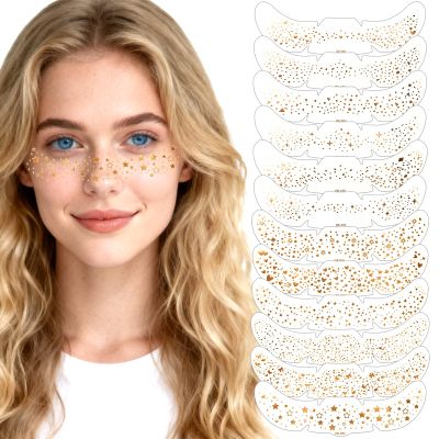 12 PCS Gold Glitter Freckles Face Tattoo - Glitter Freckles Makeup Patches, Sparkle Freckle Makeup Patches, Waterproof Holographic & Gold Sparkle Patch for Christmas, Halloween, Rave, Cosplay