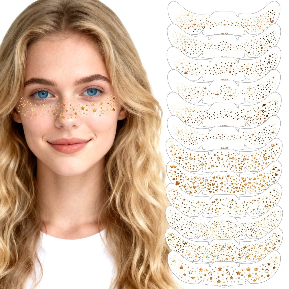 12 PCS Gold Glitter Freckles Face Tattoo - Glitter Freckles Makeup Patches, Sparkle Freckle Makeup Patches, Waterproof Holographic & Gold Sparkle Patch for Christmas, Halloween, Rave, Cosplay