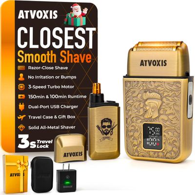 All-Metal Close Shave 3-Speed Foil Shaver for Men: 10,000 RPM Electric Nose & Ear Hair Trimmer Cordless Rechargeable USB-C Fast Charging Charger Included Travel Case
