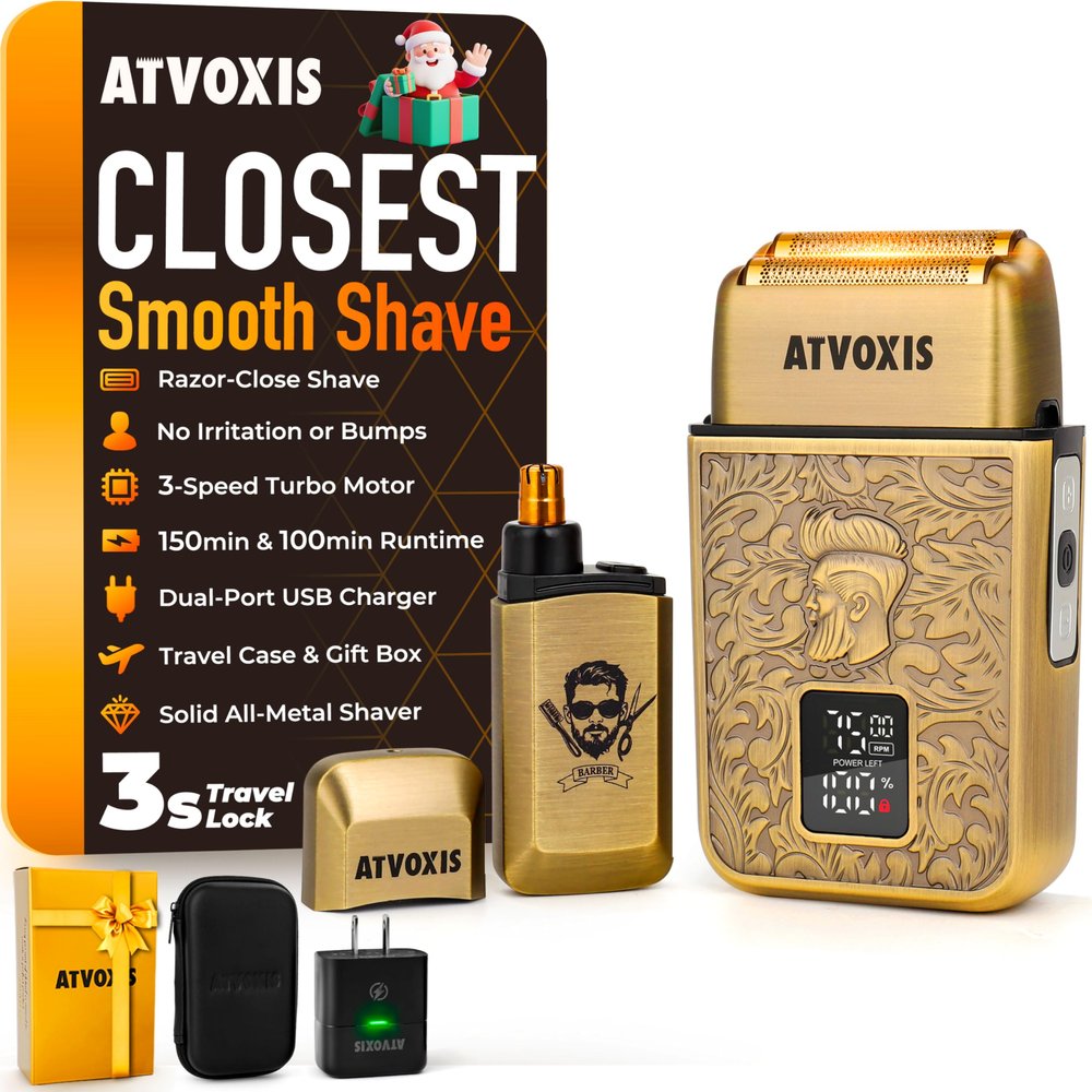 All-Metal Close Shave 3-Speed Foil Shaver for Men: 10,000 RPM Electric Nose & Ear Hair Trimmer Cordless Rechargeable USB-C Fast Charging Charger Included Travel Case