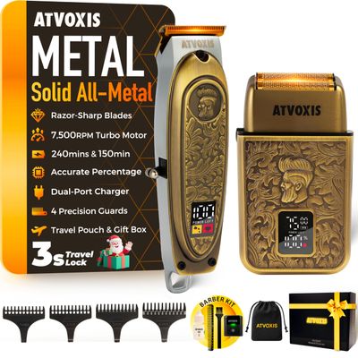 All-Metal Body Razor-Sharp T-Blade Hair/Beard Trimmer with 4 Guards & Close Shave Foil Shaver Kit for Men: Electric Cordless 3-Speed Foil Razor with Travel Lock Fast Charging USB Charger Travel Pouch