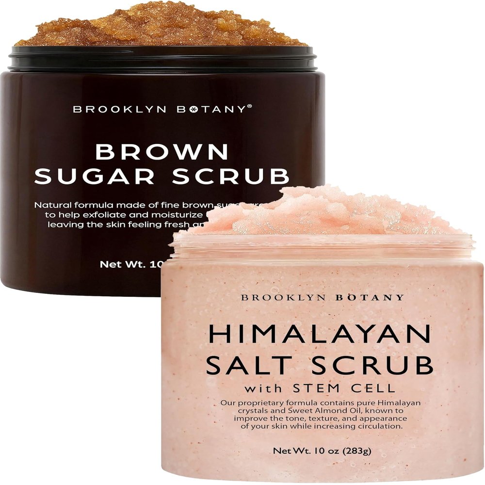 Brooklyn Botany Sugar & Himalayan Salt Stem Cell Body Scrub Set  Exfoliating & Moisturizing Face, Body, Hand & Foot Scrubs  2 x 10 oz