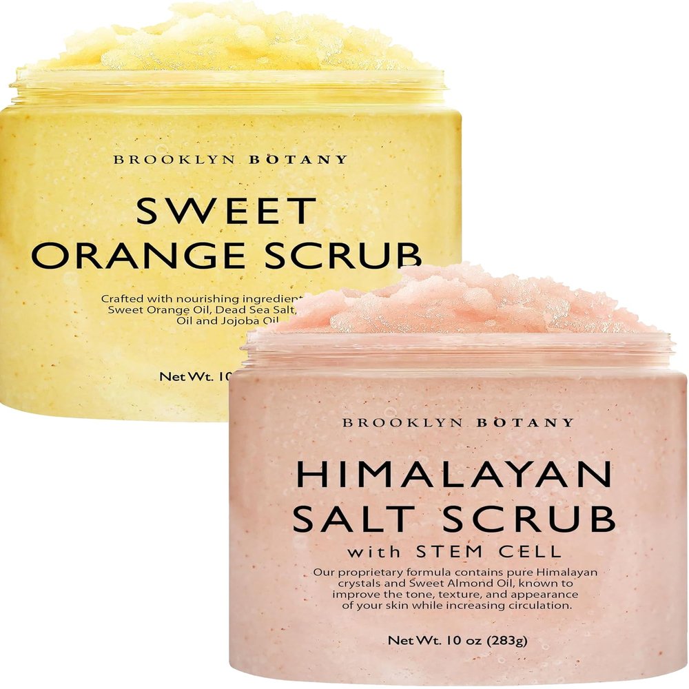 Brooklyn Botany Orange & Himalayan Salt Stem Cell Body Scrub Set  Exfoliating & Moisturizing Face, Body, Hand & Foot Scrubs  2 x 10 oz