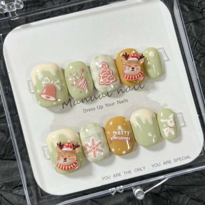 24Pcs Christmas Press on Nails Short Square Elk Fake Nails Handwork Glue on Nails Green Cute Acrylic Nails for Women Christmas Nail Decoration Supplies