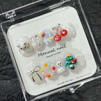 24Pcs Christmas Press on Nails Short Square Snowflake Xmas Tree Bow Cherry Fake Nails Handwork Glue on Nails Cute Glitter Acrylic Nails for Women Christmas Nail Decoration Supplies