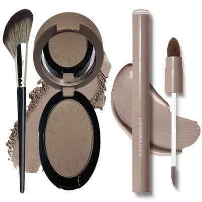 Bundle-2 items:Cool Grey Contour Powder with Face Brush and Cool Grey Liquid Contour-for Fair Pale Light