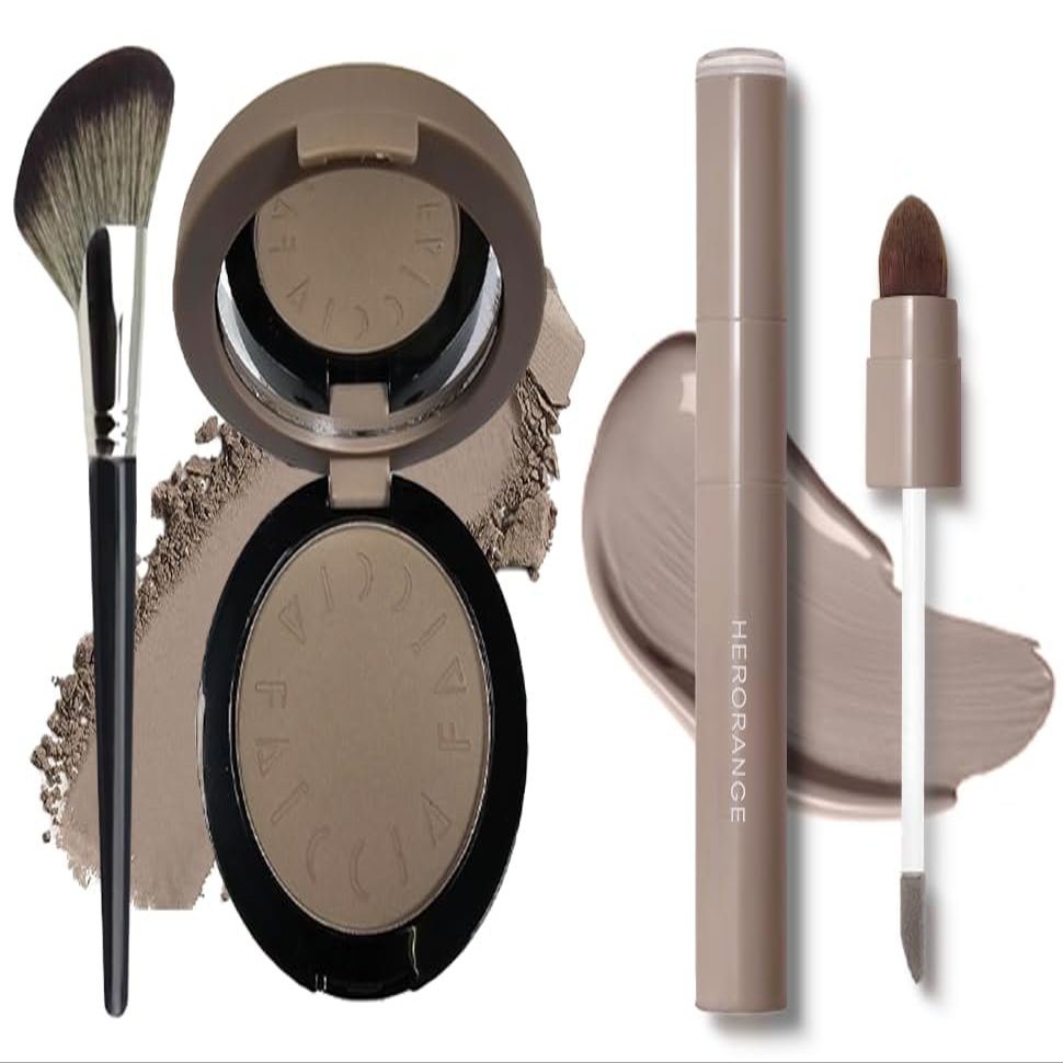 Bundle-2 items:Cool Grey Contour Powder with Face Brush and Cool Grey Liquid Contour-for Fair Pale Light