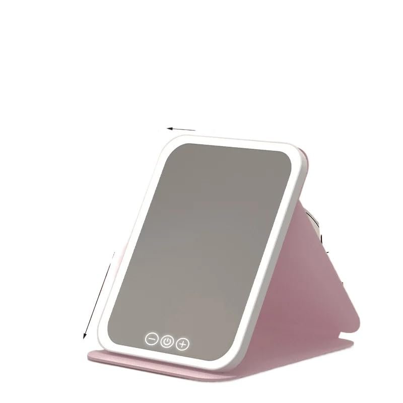 7.28 * 5.71 * 1.3in LED Portable Foldable Mirror with Light for Makeup, Suitable for Desk Lighting, Made of Leather Case. (Pink with Light)