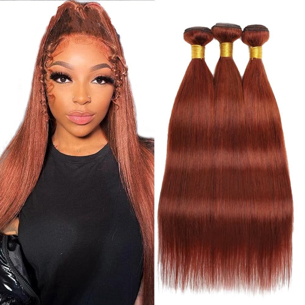 Luxvogue Reddish Brown 33 Human Hair Bundles 20 22 24 Inch Straight Wave Bundles Human Hair Unprocessed 11A Brazilian Virgin Soft Quick Weave for Black Women