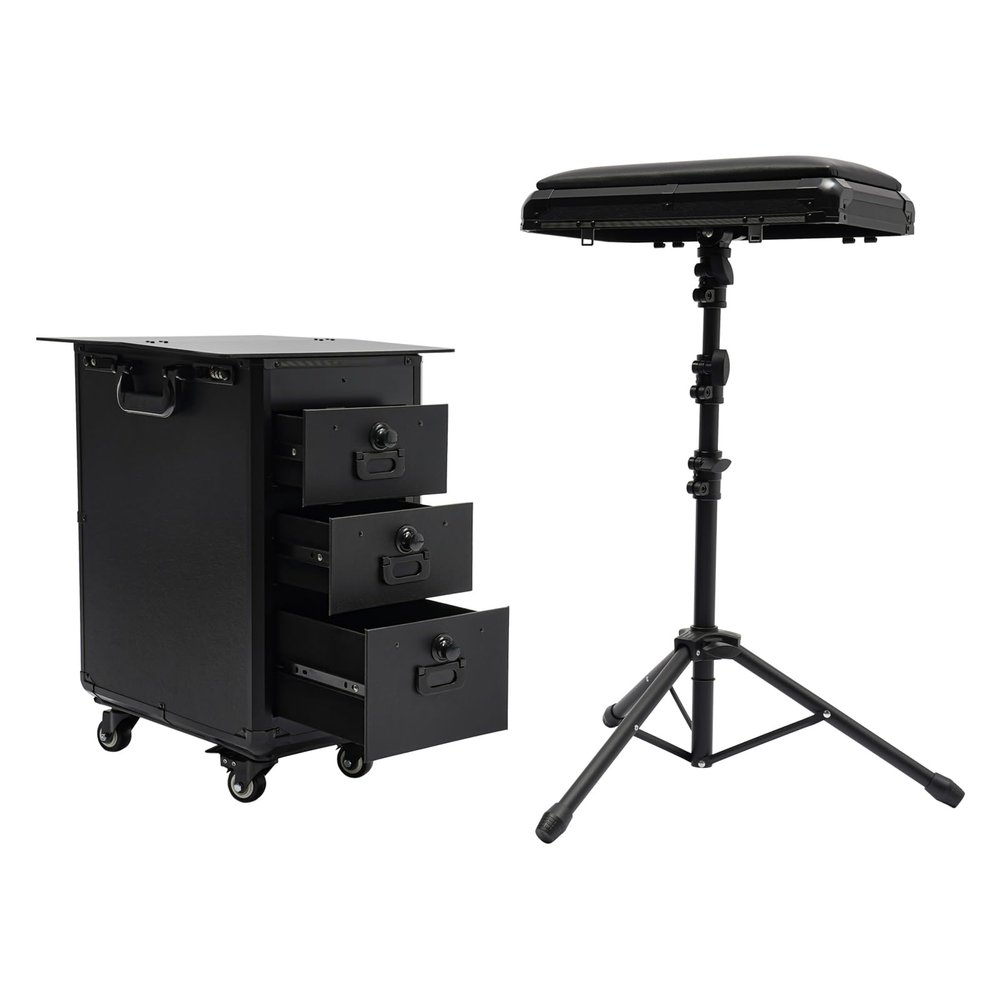 3-in-1 Rolling Tattoo Travel Case, Locking Makeup Train Box + Detachable Armrest Stand, 3 Drawers, Aluminum Frame Portable Mobile Workstation for Artists, Estheticians & Permanent Make-Up Pros