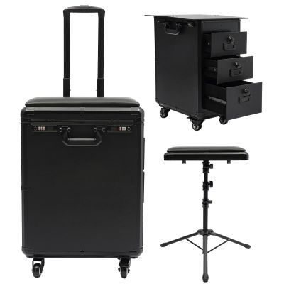 ALUIWNH 3 in 1 Tattoo Work Station - Rolling Makeup Case with Wheel, 3 Drawer Embroidery Trolley with Armrest Stand, Lockable Tattoo Travel Case for Estheticians, Nail Techs (Acrylic)