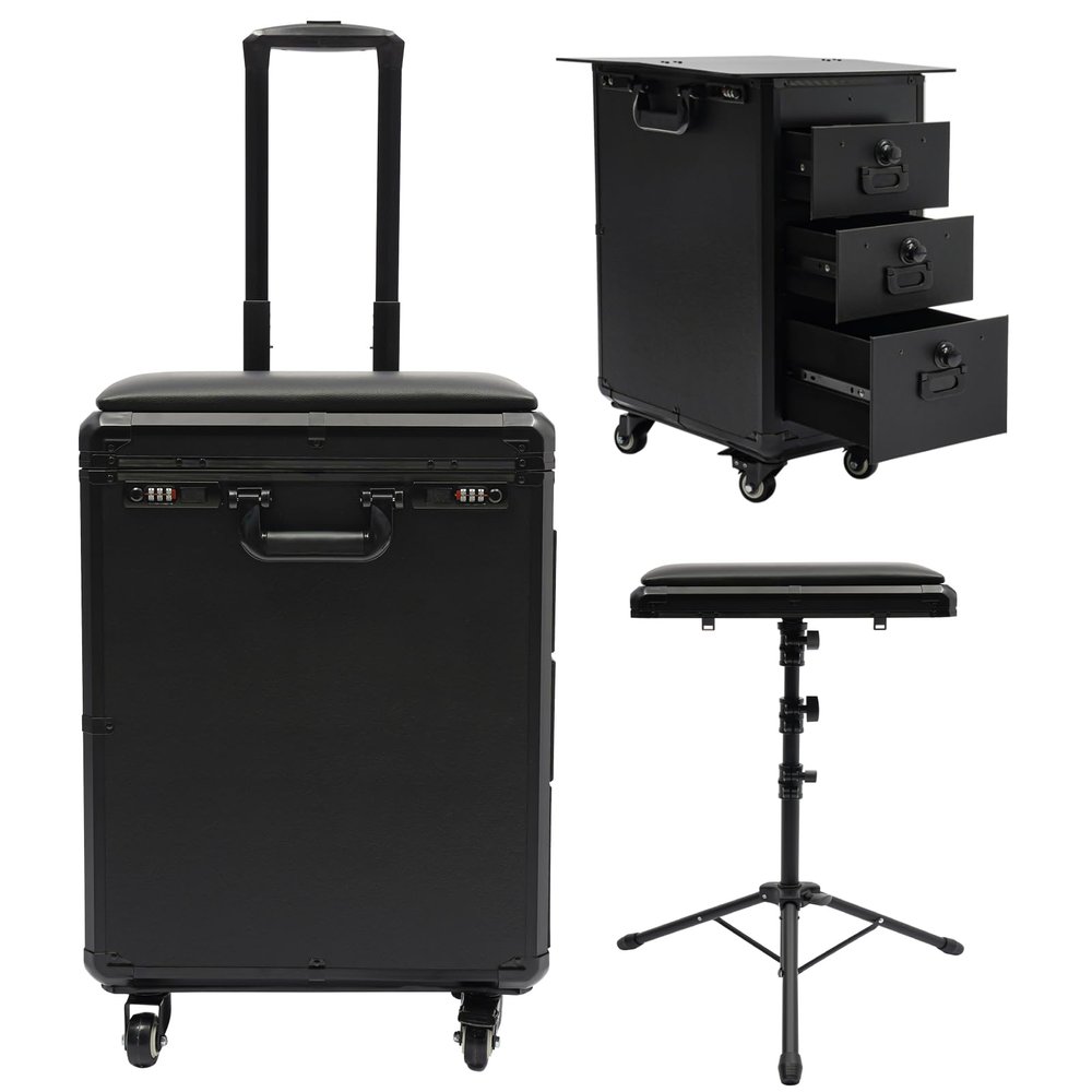 ALUIWNH 3 in 1 Tattoo Work Station - Rolling Makeup Case with Wheel, 3 Drawer Embroidery Trolley with Armrest Stand, Lockable Tattoo Travel Case for Estheticians, Nail Techs (Acrylic)