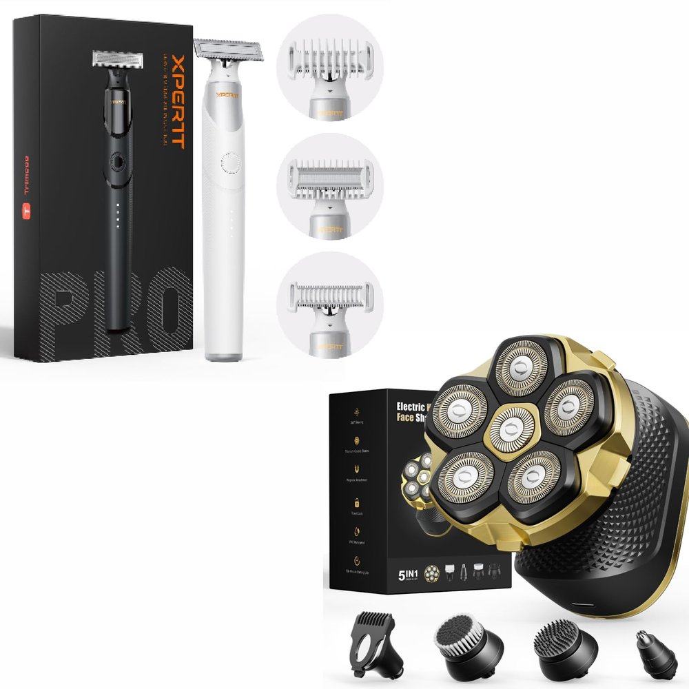 Men's All-in-One Grooming Kit: Electric Groin & Body Hair Trimmer (White Lite) + Head Shaver Pro for Bald Men (Gold) - Waterproof Wet/Dry Use, USB-C Charging, Magnetic Heads, Titanium-Coated Blades