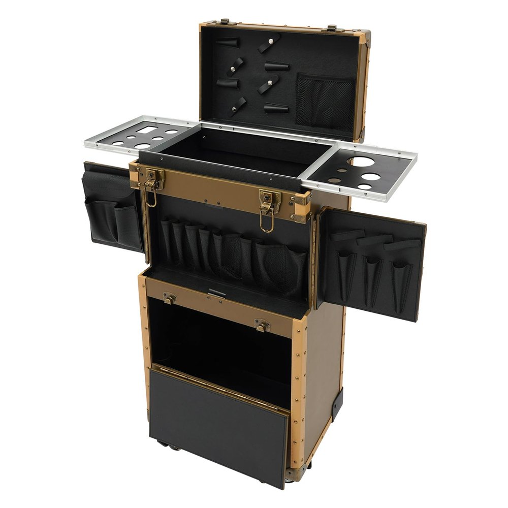Barber Case Organizer, Makeup Train Case with Dual Password Locks & 2 Keys, Rolling Hairdressing Box Rolling Hairdressing Case with 4 Wheels, Large Load-bearing Capacity 33.07-44.09 lbs (Gold)