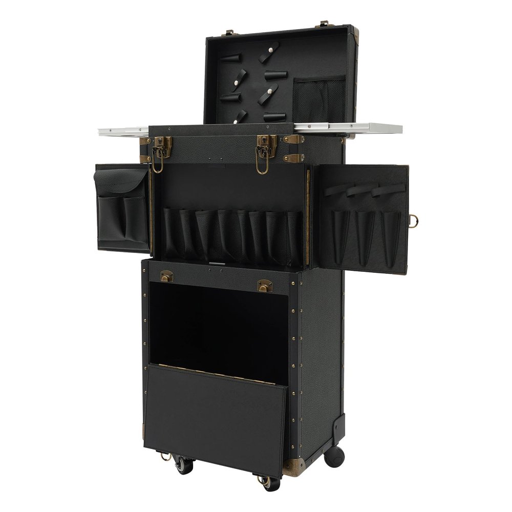 Barber Case Organizer, Makeup Train Case with Dual Password Locks & 2 Keys, Rolling Hairdressing Box Rolling Hairdressing Case with 4 Wheels, Large Load-bearing Capacity 33.07-44.09 lbs (Black)