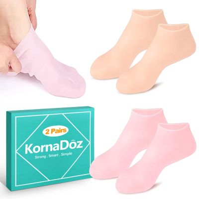 KornaDoz 2 Pairs Moisturizing Silicone Socks for Women, Soft Gel Foot Mask for Dry Cracked Feet & Heels, Reusable Spa Socks for Pedicure Care, Softening Rough Skin & Calluses