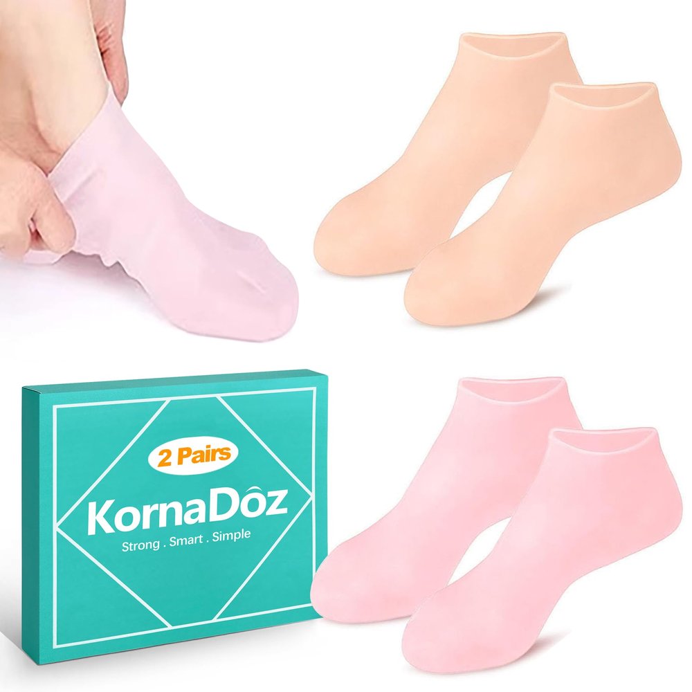 KornaDoz 2 Pairs Moisturizing Silicone Socks for Women, Soft Gel Foot Mask for Dry Cracked Feet & Heels, Reusable Spa Socks for Pedicure Care, Softening Rough Skin & Calluses