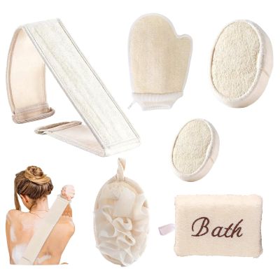 6 Pcs Natural Loofah Bath Set for Women & Men, Loofah Sponge Exfoliating Body Scrubber Kit with Back Loofah, Shower Pouf, Bath Sponge Balls