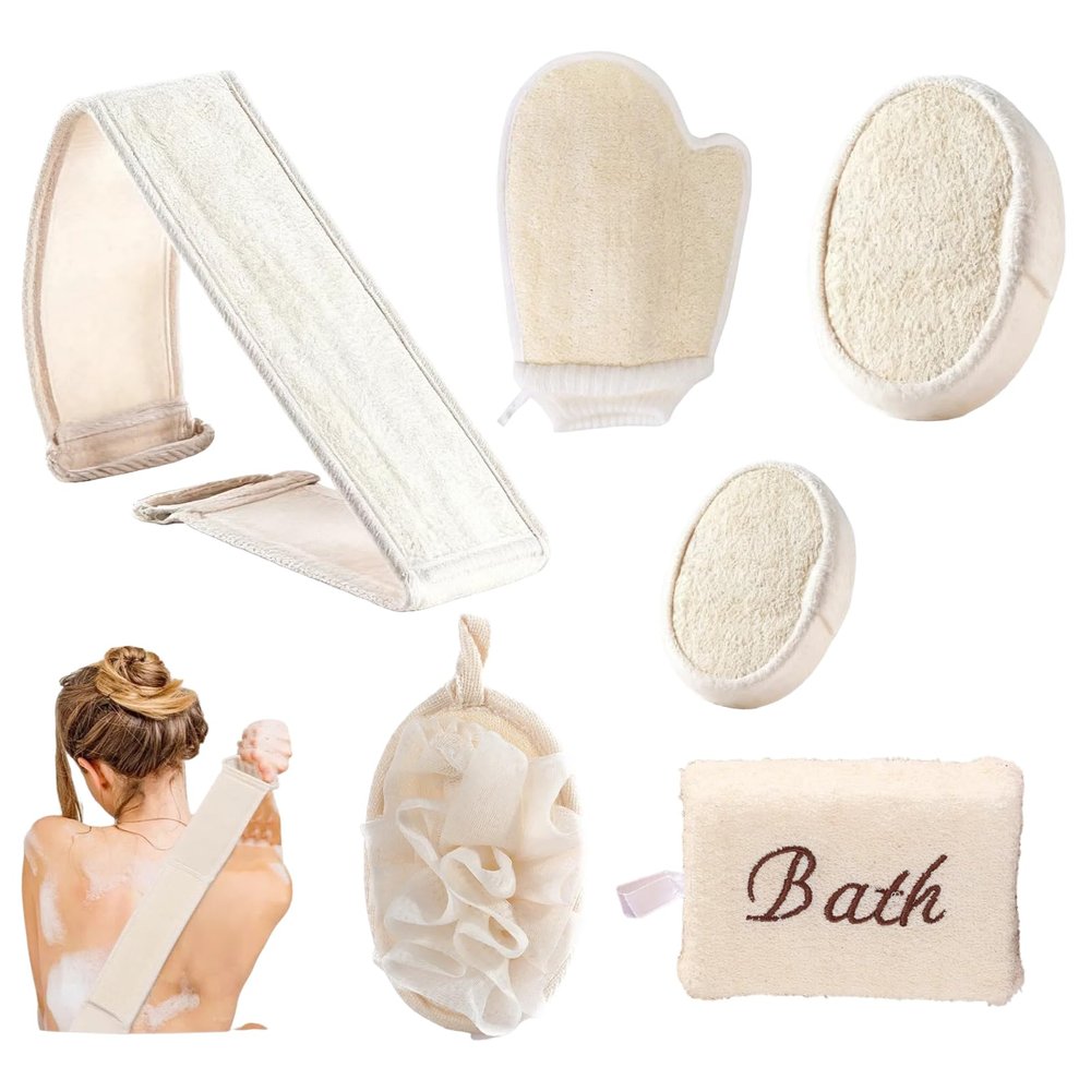 6 Pcs Natural Loofah Bath Set for Women & Men, Loofah Sponge Exfoliating Body Scrubber Kit with Back Loofah, Shower Pouf, Bath Sponge Balls