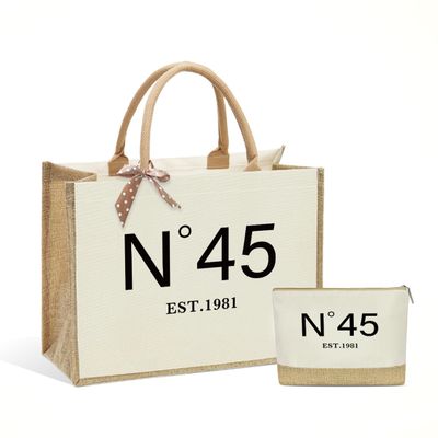 45th Birthday Gifts for Women, 45th Birthday Bag, Gifts for Sister Mom Friends Wife Aunt Grandma, Reusable Vintage Burlap Tote Bag and Makeup Bags With Zipper for Work Beach Travel Christmas