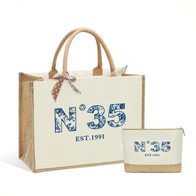 35th Birthday Gifts for Women, 35th Birthday Bag, Gifts for Sister Mom Friends Wife Aunt Grandma, Reusable Vintage Burlap Blue Floral Tote Bag and Makeup Bags With Zipper for Beach Travel Christmas