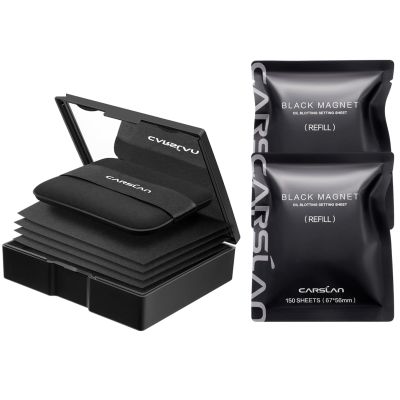 CARSLAN Makeup Blotting Paper with Powder, Black Magnet Blotting Sheets for Oily & Combination Skin, Portable Compact with Puff & Mirror, Keeps Makeup Fresh All Day, 450 Sheets + 8 Refill Pads