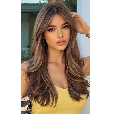 Women Long Wavy Synthetic Wig Layered Hair With Side Bangs Natural Heat Resistant Daily Wig