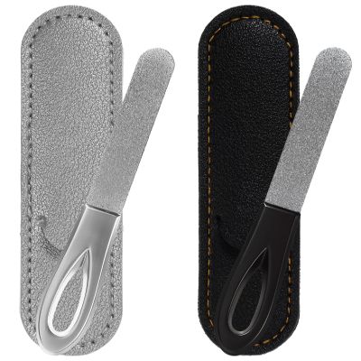 2PCS Metal Nail File Men, 3.6 Inch Stainless Steel Finger Nail Files for Men with PU Leather Cases Double Sided Grit & Non-Slip Handle (Black, Silver)
