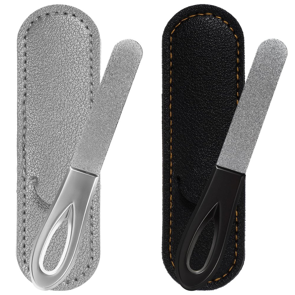 2PCS Metal Nail File Men, 3.6 Inch Stainless Steel Finger Nail Files for Men with PU Leather Cases Double Sided Grit & Non-Slip Handle (Black, Silver)