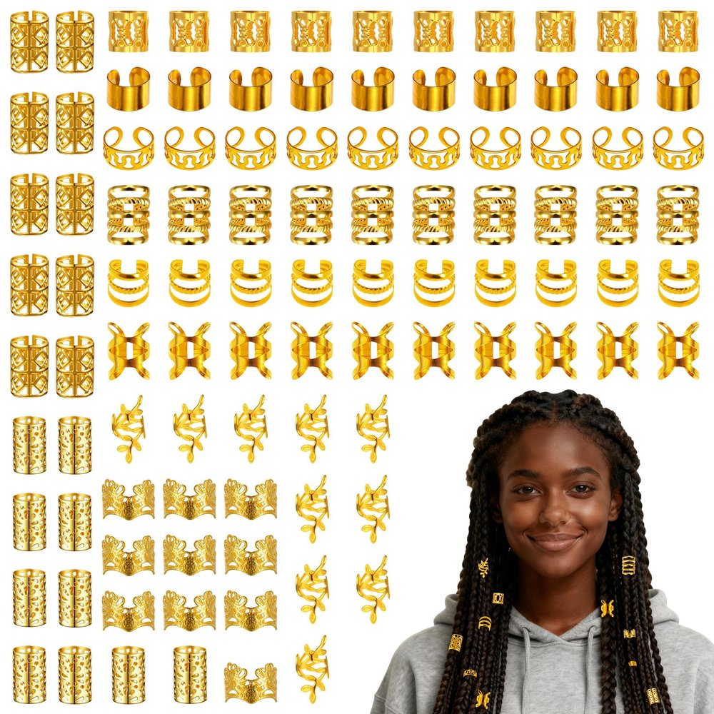 100PCS Gold Hair Jewelry for Girls, Metal Hairs Dreadlock Jewelry for Braids Girls Women, Gold Hair Clips Loc Beads Braid Accessories Decorations
