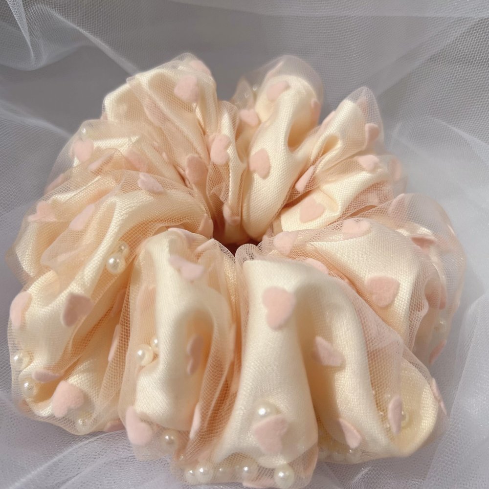 Light Pink with Hearts Jumbo Scrunchie for Hair, Oversized Tulle Ruffle Elastic Hair Tie Scrunchie for Women, with Gracefully Shifting Pearls Design - 1 Piece