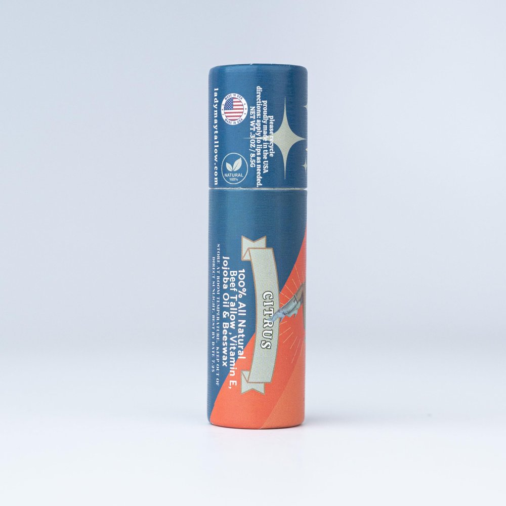 Lady May Tallow Beef Tallow Lip Balm - All Natural Beef Tallow Balm Made with Beeswax, Jojoba Oil & Vitamin E for Lip Repair and Hydration - Nothing Artificial, USA Made (Citrus)