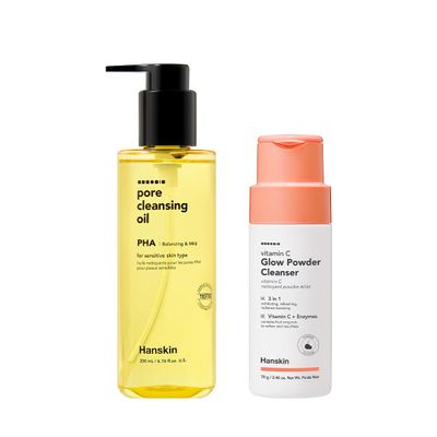 Hanskin Double Cleansing Duo PHA Pore Cleansing Oil (6.76 oz) & Vitamin C Glow Powder Cleanser | Deep Pore Cleansing, Smooth & Radiant Skin, Exfoliation & Brightening for All Skin Types | K-Beauty