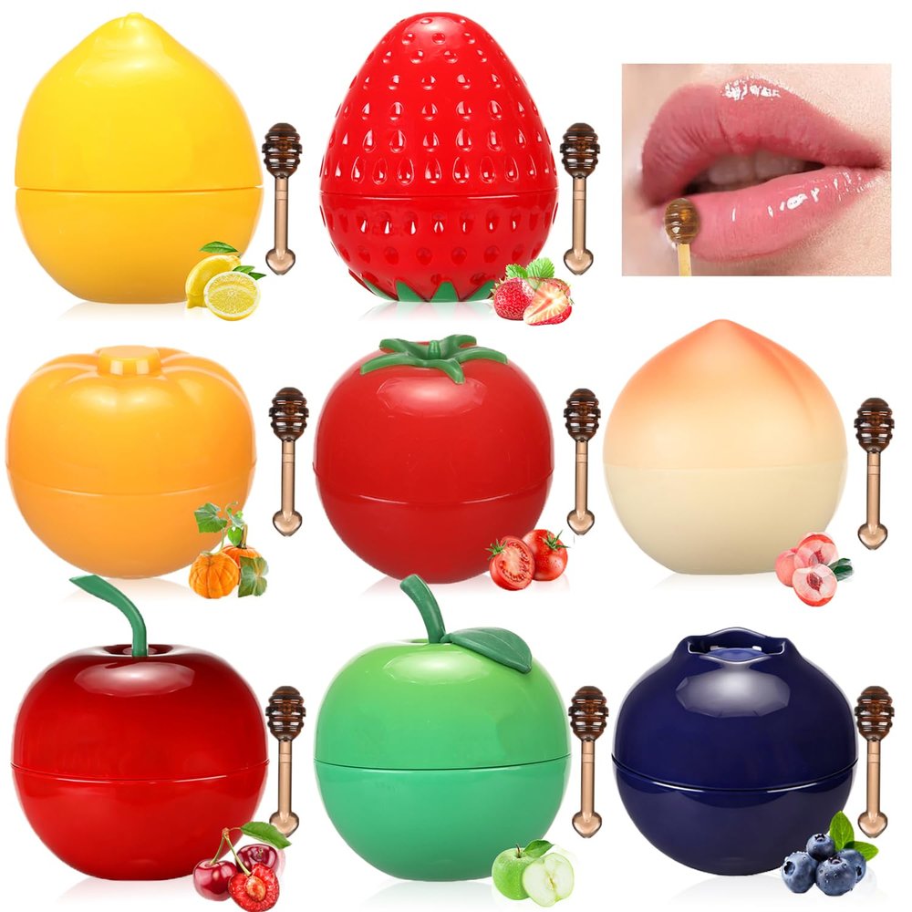 8 PCS Bee Lip Balm Fruit Pot,Stocking Stuffers Honey Lip Balm Lip Mask,Propolis Moisturizing Lip Sleeping Mask Christmas Gift for Women,Hydrating Prevention Dry and Cracked Lip Scrubs Exfoliator