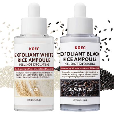 ANGEL SILK Peel Shot Glow Rice Ampoule Duo | White Rice + Black Rice Exfoliator with Niacinamide, AHA BHA | Face Scrub Exfoliating Gentle Pore Minimizer | Dead Skin Remover for All Skin Types