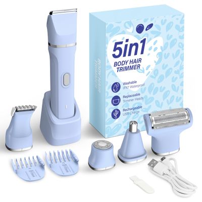 KINGTEE 5-in-1 Electric Bikini Trimmer for Women IPX7 Waterproof Shaver, Cordless Body & Facial Razors for Women, Ceramic Blades, USB-C Rechargeable, Painless Hair Removal Kit (Blue)