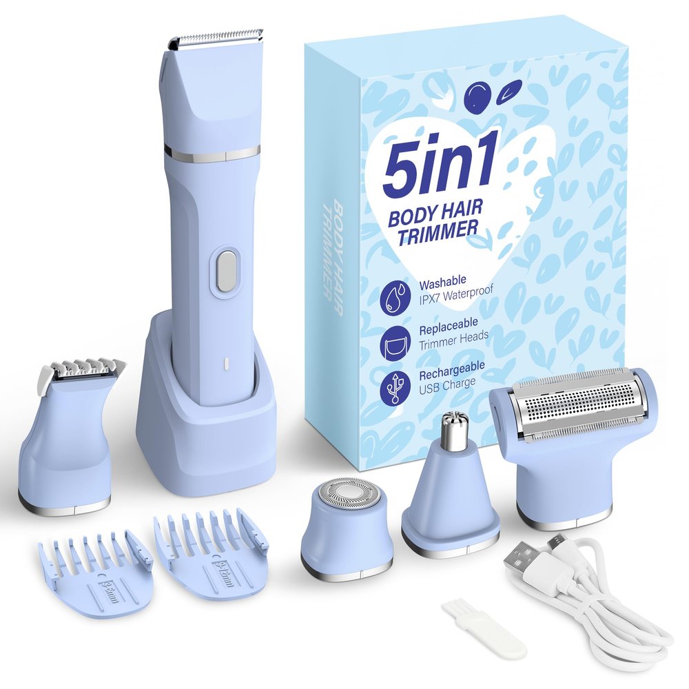 KINGTEE 5-in-1 Electric Bikini Trimmer for Women IPX7 Waterproof Shaver, Cordless Body & Facial Razors for Women, Ceramic Blades, USB-C Rechargeable, Painless Hair Removal Kit (Blue)