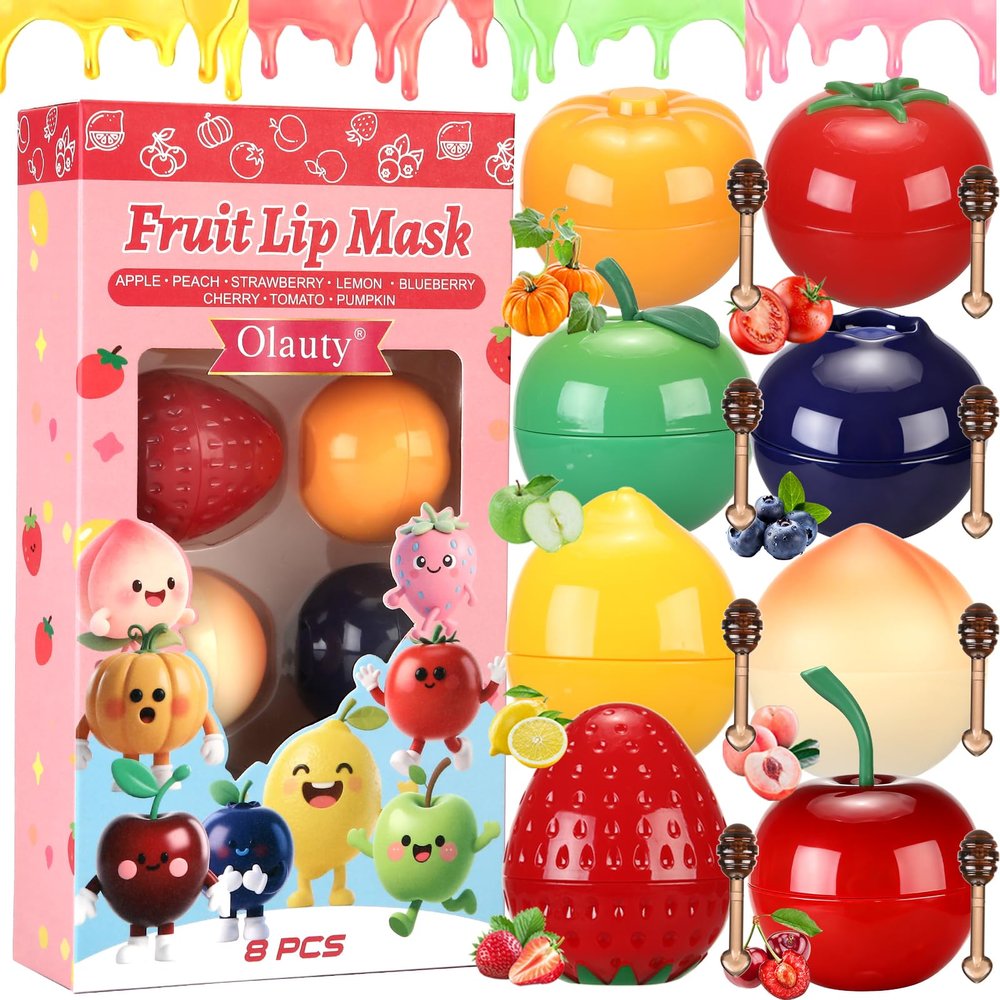8Pcs Tinted Bee Lip Balm Fruits Pot for Kids, Strawberry, Apple, Lemon, Peach, Cherry, Blueberry, Pumpkin, Tomatoes Gifts for Women,Hydrating Repair Dry Cracked Lips,Stocking Stuffers