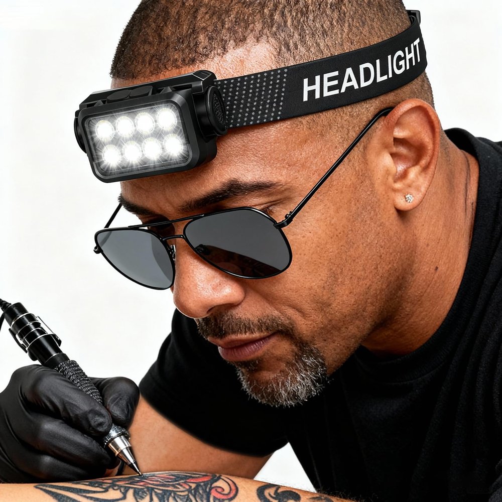 GBK Tattoo Work Headlamp with Motion Sensor,Polarized Vision Glasses,Rechargeable Headlight,2500 Lumen LED Head Light for Tattoo Artists, Anti Glare Lighting to Enhance Tattoo Detail(1 Headlamp)