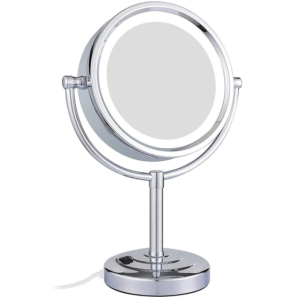 8.5 Inch Tabletop LED Lighted Makeup Mirror with Magnification, Chrome Finish Double-Sided Vanity Mirror, Plug Powered,3X,10x