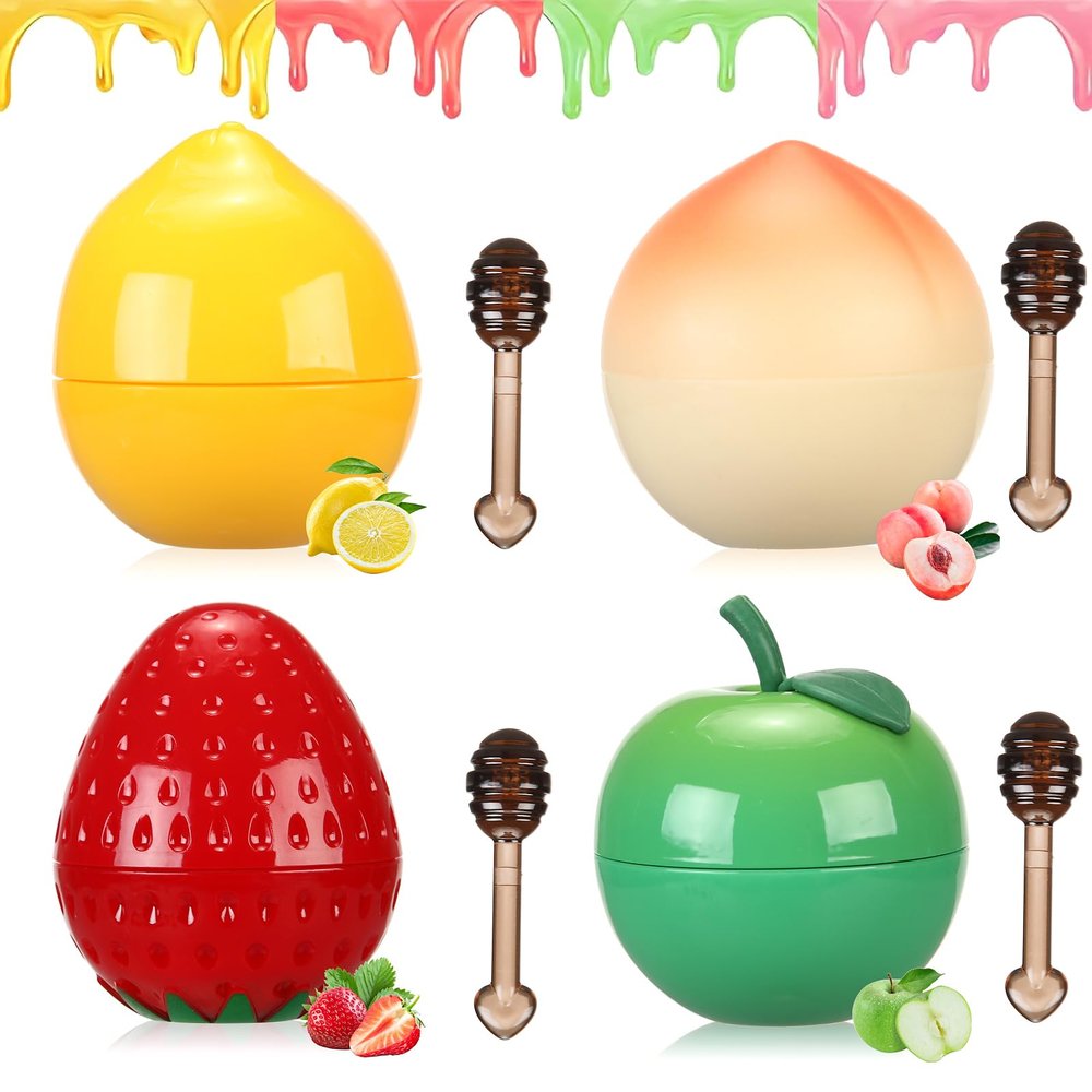 4 PCS Bee Lip Balm Lip Mask Furit Pot, Strawberry & Apple & Lemon & Peach Moisturizing Honey Balm, Lip Sleeping Mask, Lip Mask Overnight for Reduce Fine Lines, Repair Dry Cracked Lips