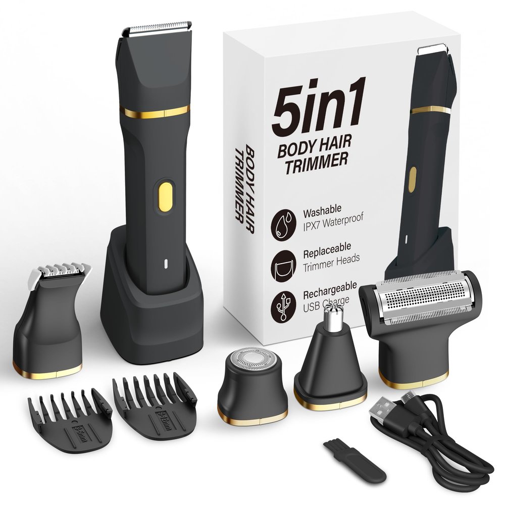 KINGTEE 5-in-1 Electric Bikini Trimmer for Women  IPX7 Waterproof Shaver, Cordless Body & Facial Razors for Women, Ceramic Blades, USB-C Rechargeable, Painless Hair Removal Kit (Black)