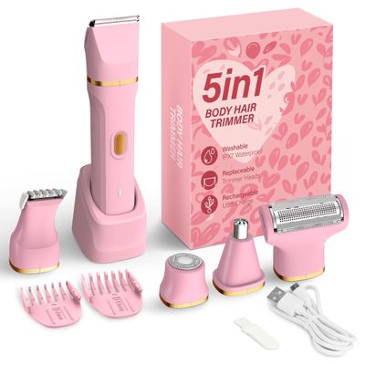KINGTEE 5-in-1 Electric Bikini Trimmer for Women IPX7 Waterproof Shaver, Cordless Body & Facial Razors for Women, Ceramic Blades, USB-C Rechargeable, Painless Hair Removal Kit (Pink)